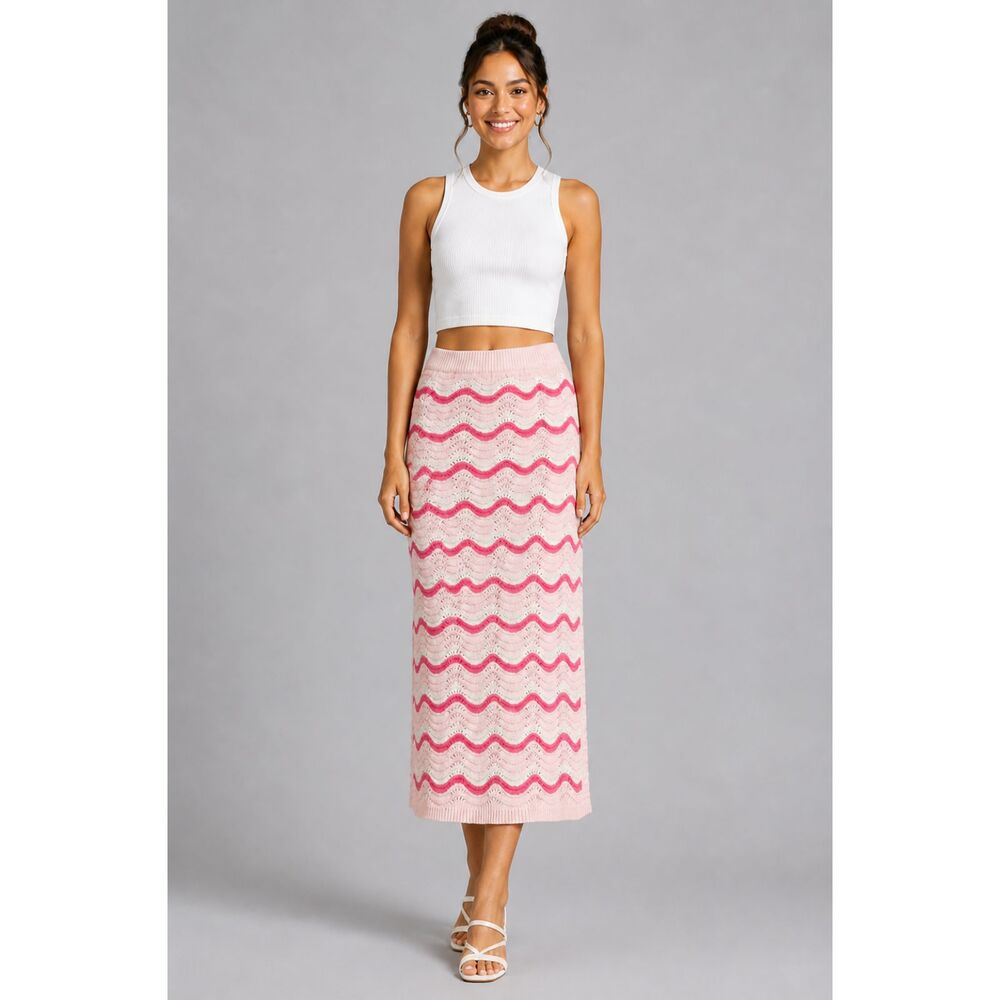 O. Vianca Pink Chevron Pattern Crochet Knit Midi Skirt Beach Skirt Sz M NWOT
